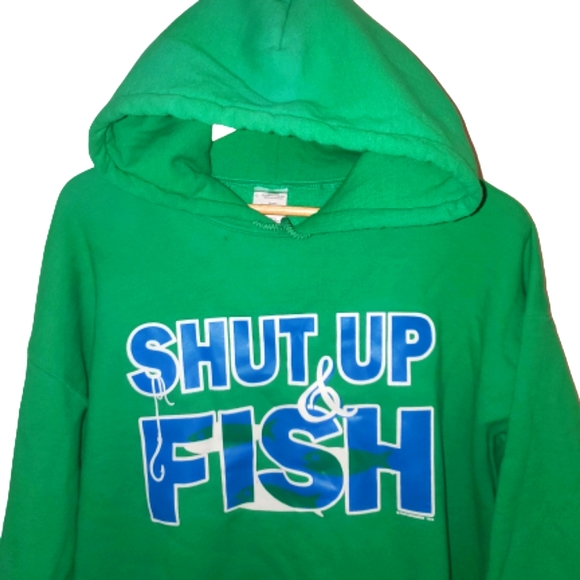 Gildan Other - Shut Up & FISH! Mens Fishing Hoodie Green Blue L
